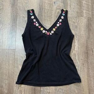 2000s Dressbarn  Black Floral Embroidered V Tank Cami‎ Womens Size Medium/6